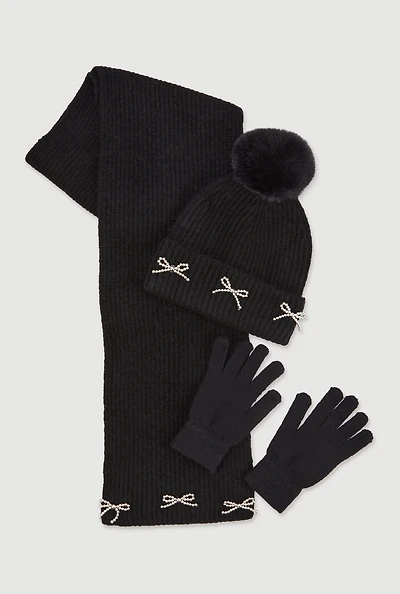 Beaded Bow Detail Scarf and Pom Pom Beanie with Gloves
