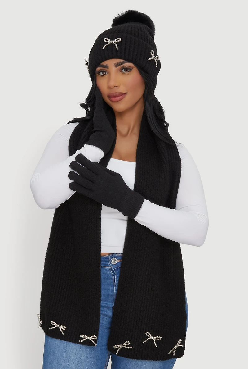Beaded Bow Detail Scarf and Pom Pom Beanie with Gloves