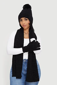 Chenille Scarf with Pom Pom Beanie and Gloves Set