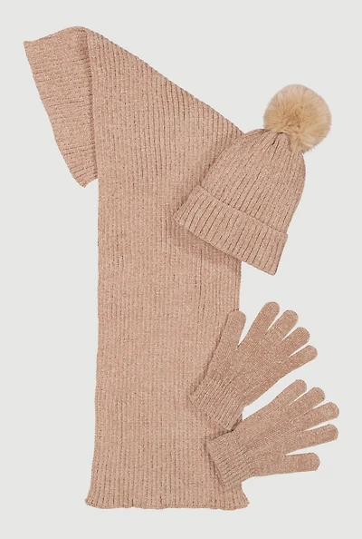 Womens Chenille Scarf with Pom Pom Beanie and Gloves Set, Beige