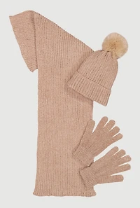Womens Chenille Scarf with Pom Pom Beanie and Gloves Set, Beige