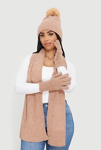 Womens Chenille Scarf with Pom Pom Beanie and Gloves Set, Beige