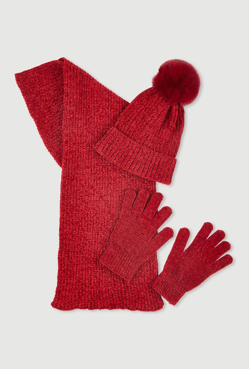 Chenille Scarf with Pom Pom Beanie and Gloves Set