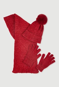 Chenille Scarf with Pom Pom Beanie and Gloves Set