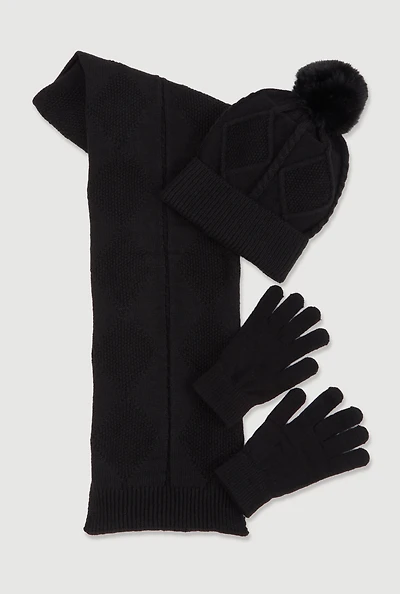 Diamond Patterned Scarf with Beanie and Gloves