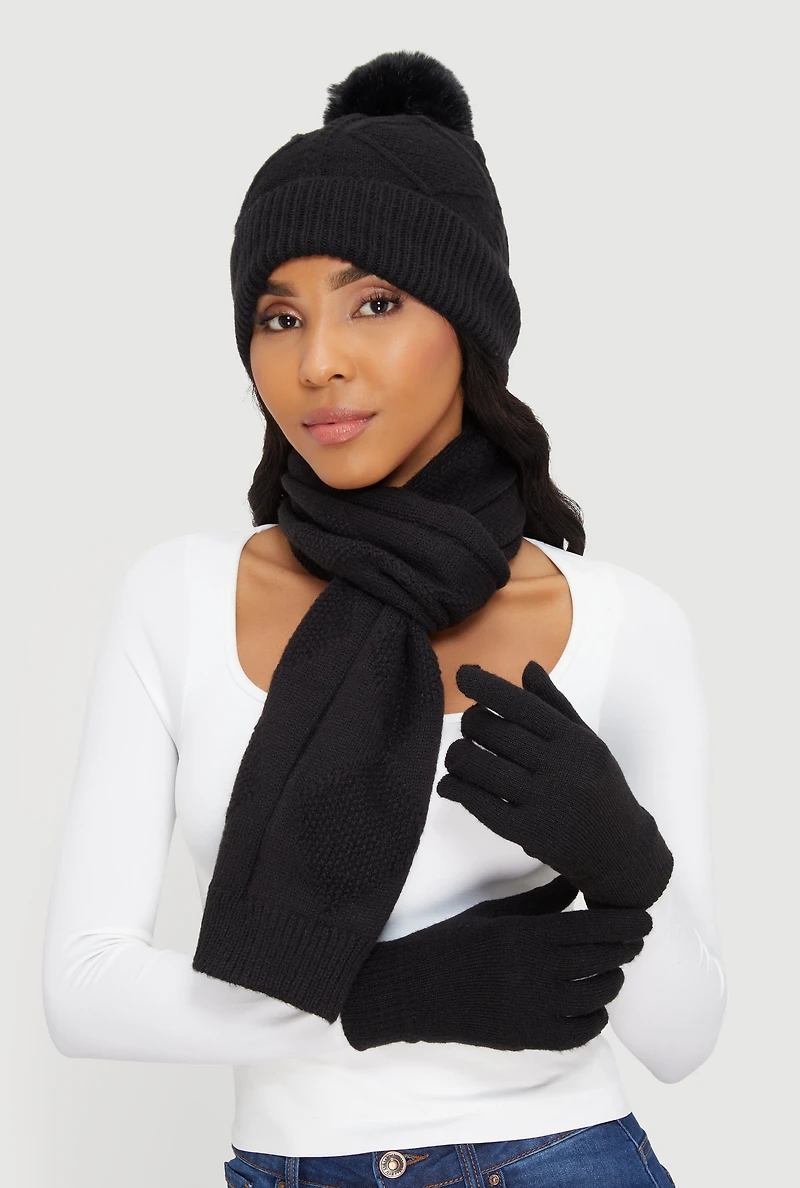 Diamond Patterned Scarf with Beanie and Gloves