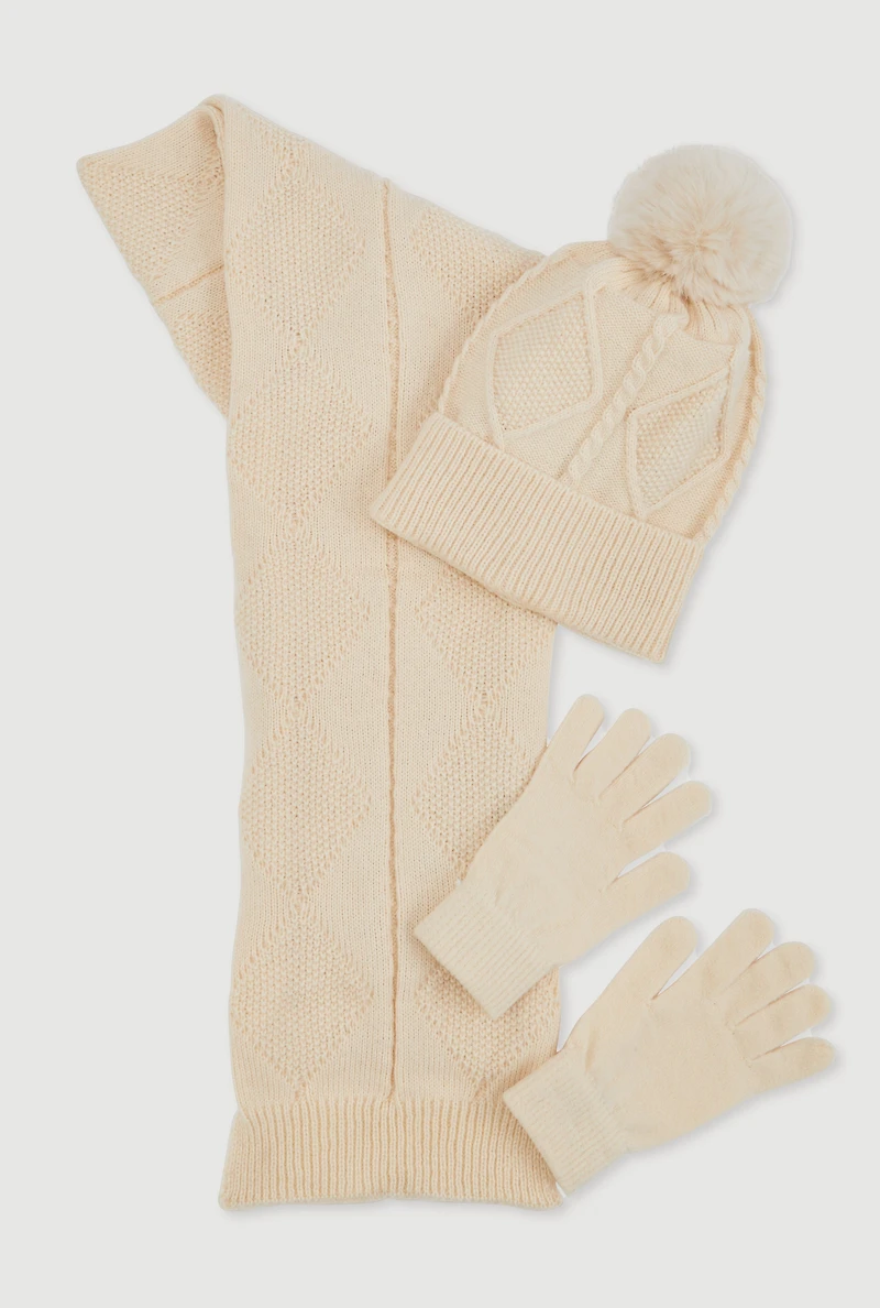 Diamond Patterned Scarf with Beanie and Gloves