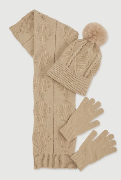 Diamond Patterned Scarf with Beanie and Gloves