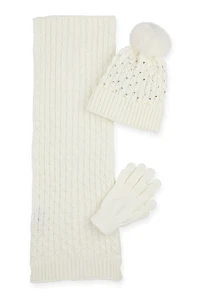 Rhinestone Beanie with Cable Knit Scarf and Gloves