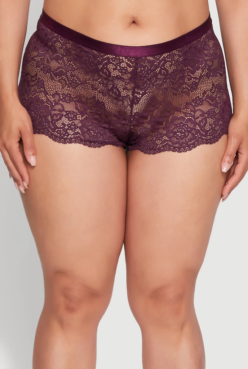 Womens Plus Size Floral Lace Scalloped Edge Boyshort Panty, Purple, Size 1X
