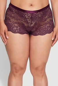 Womens Plus Size Floral Lace Scalloped Edge Boyshort Panty, Purple, Size 1X