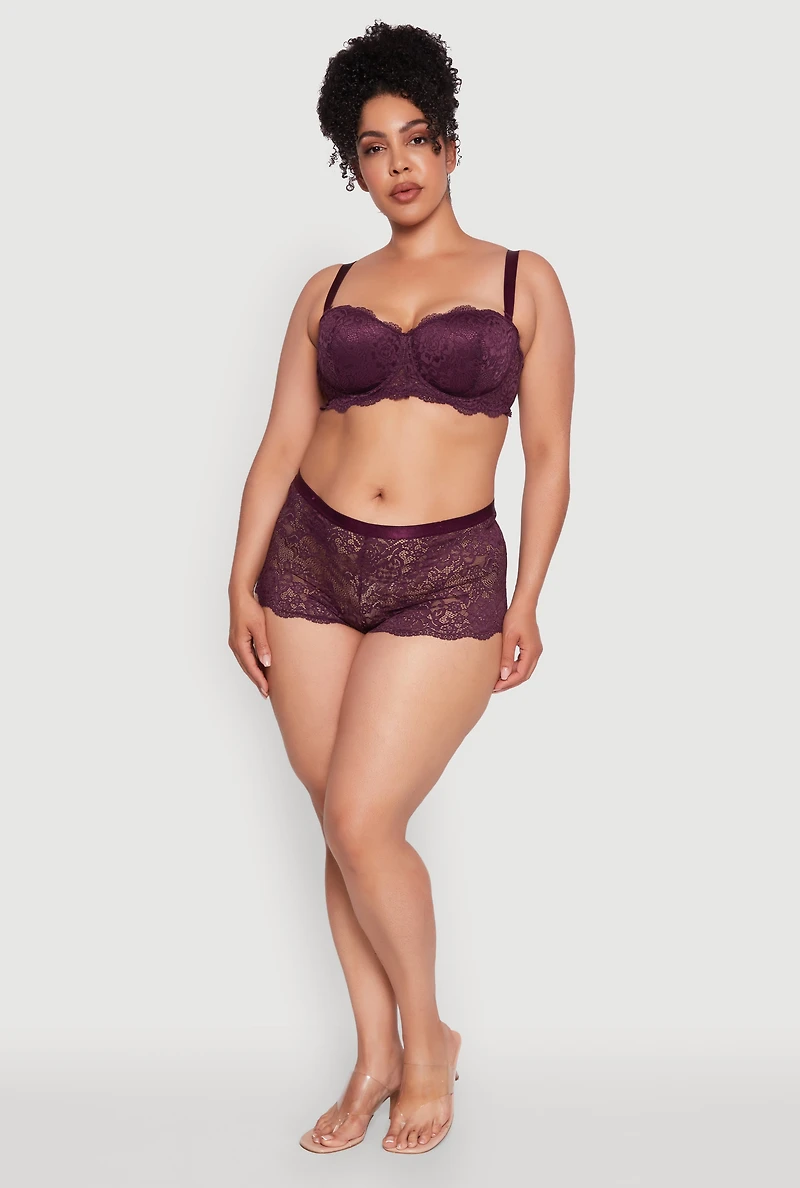 Womens Plus Size Floral Lace Scalloped Edge Boyshort Panty, Purple, Size 1X