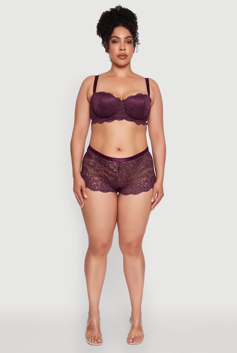 Womens Plus Size Floral Lace Scalloped Edge Boyshort Panty, Purple, Size 1X