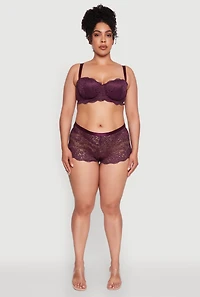 Womens Plus Size Floral Lace Scalloped Edge Boyshort Panty, Purple, Size 1X