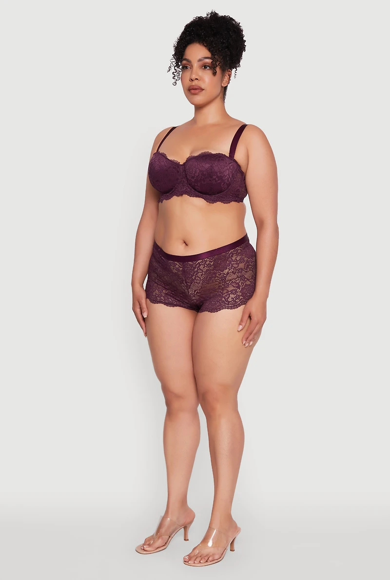 Womens Plus Size Floral Lace Scalloped Edge Boyshort Panty, Purple, Size 1X