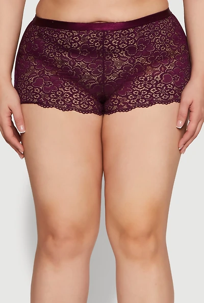 Womens Plus Size Scalloped Floral Lace Boyshort Panty, Burgundy, Size 2X