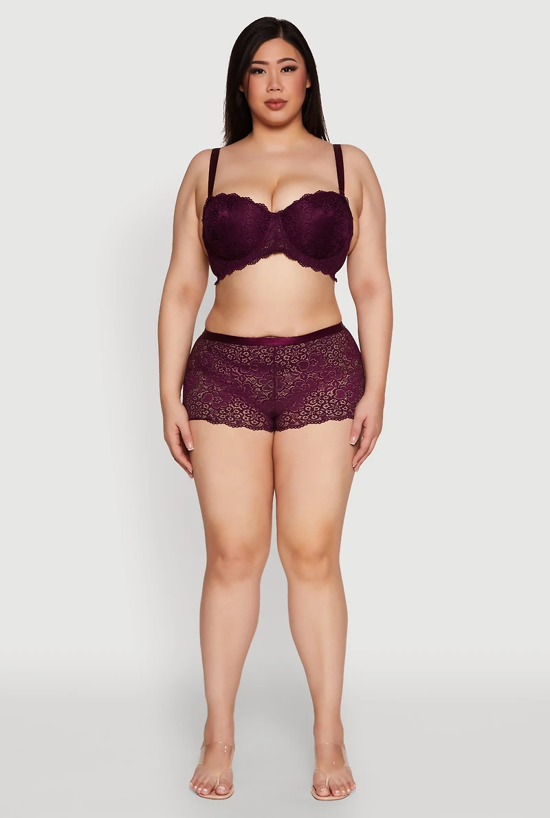 Womens Plus Size Scalloped Floral Lace Boyshort Panty, Burgundy, Size 3X