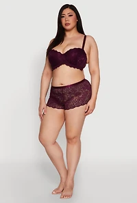 Womens Plus Size Scalloped Floral Lace Boyshort Panty, Burgundy, Size 3X