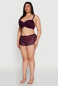 Womens Plus Size Scalloped Floral Lace Boyshort Panty, Burgundy, Size 3X