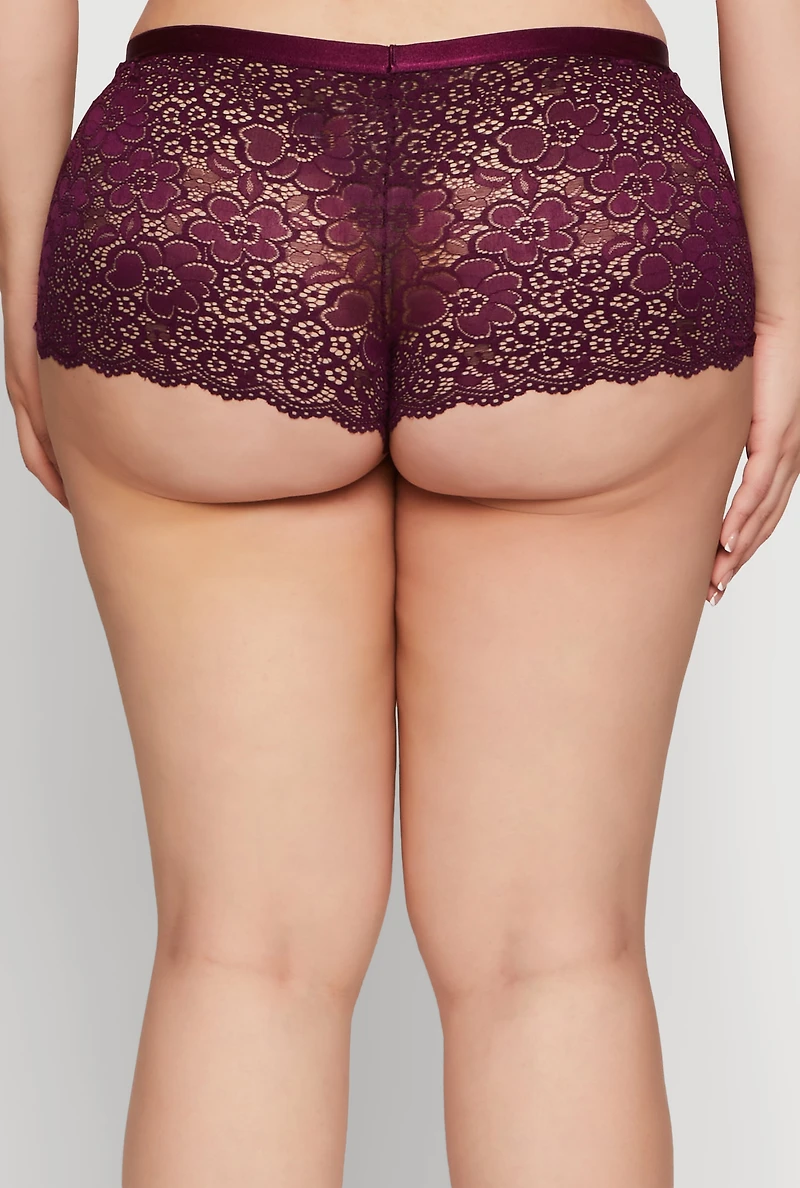 Womens Plus Size Scalloped Floral Lace Boyshort Panty, Burgundy, Size 2X