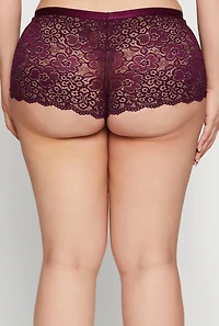 Womens Plus Size Scalloped Floral Lace Boyshort Panty, Burgundy, Size 2X