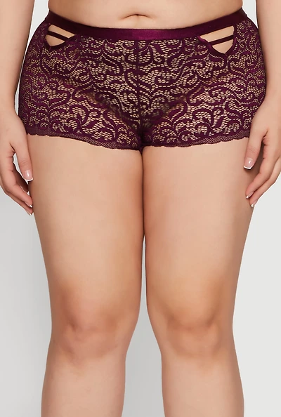 Womens Plus Size Patterned Lace Caged Front Detail Boyshort Panty, Purple, Size 1X
