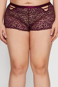 Womens Plus Size Patterned Lace Caged Front Detail Boyshort Panty, Purple, Size 1X