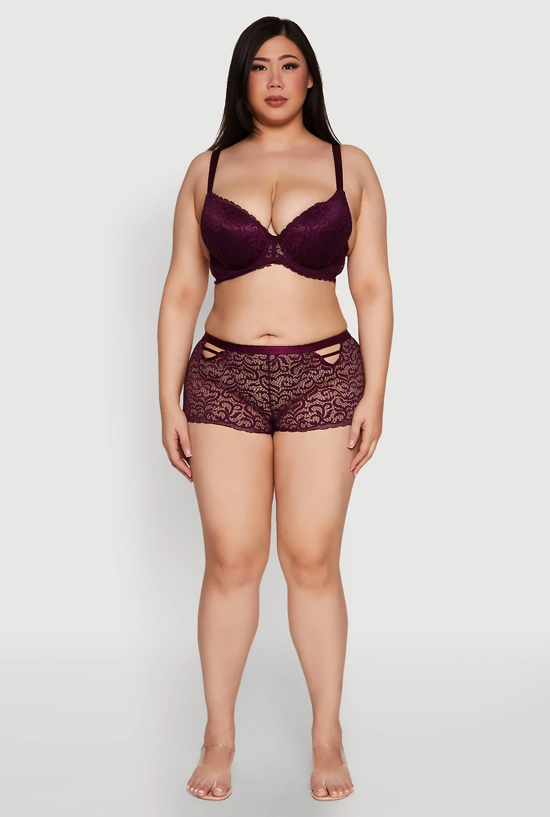 Womens Plus Size Patterned Lace Caged Front Detail Boyshort Panty, Purple, Size 1X