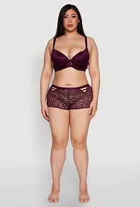 Womens Plus Size Patterned Lace Caged Front Detail Boyshort Panty, Purple, Size 1X