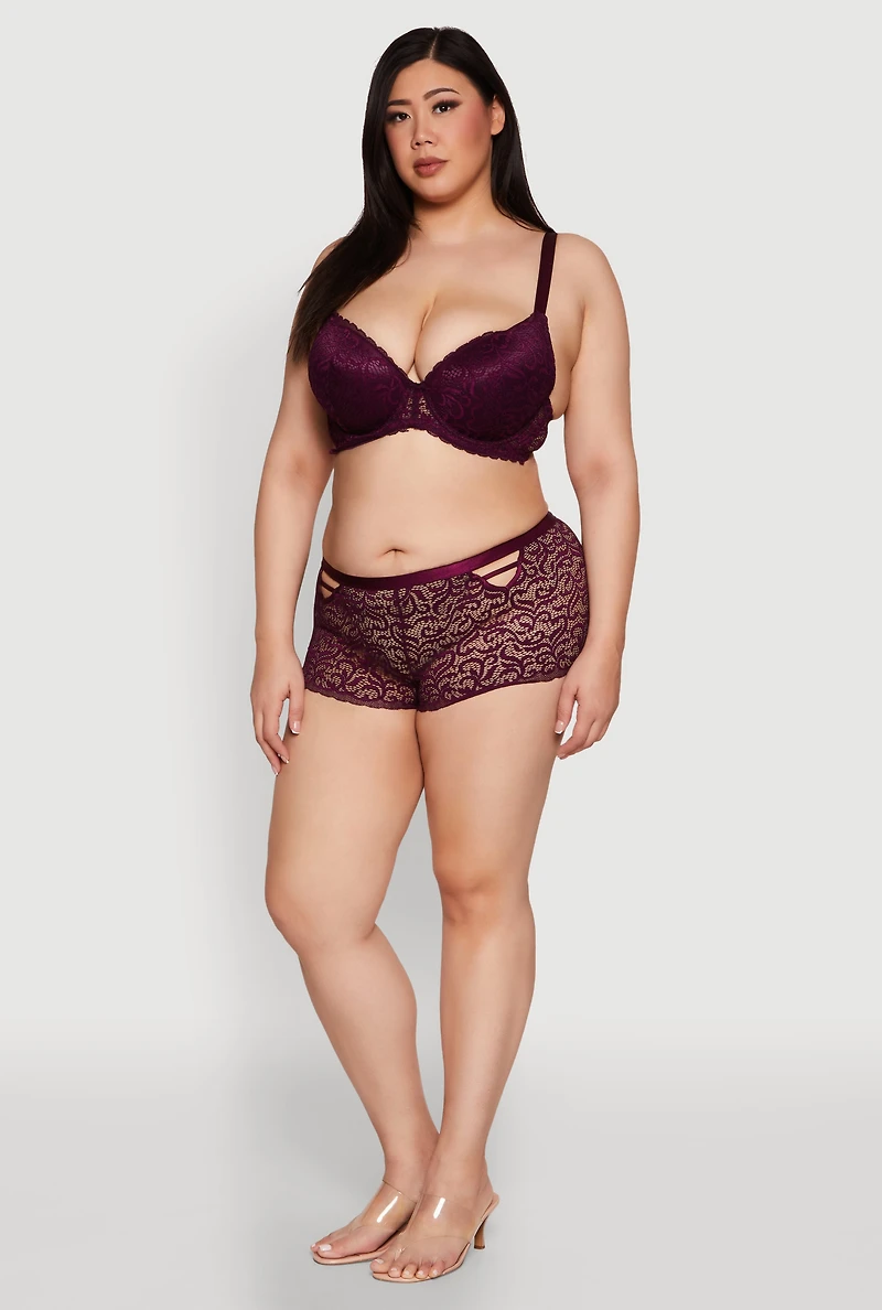 Womens Plus Size Patterned Lace Caged Front Detail Boyshort Panty, Purple, Size 1X