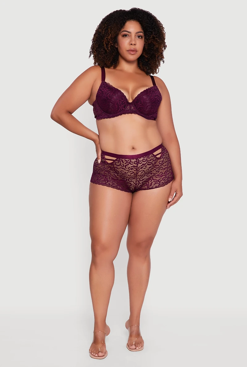 Womens Plus Size Patterned Lace Caged Front Detail Boyshort Panty, Purple, Size 3X