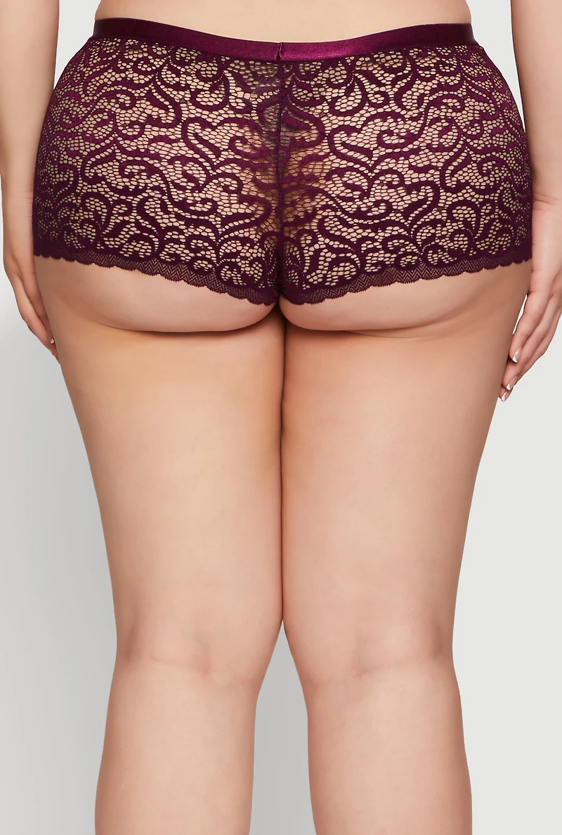 Womens Plus Size Patterned Lace Caged Front Detail Boyshort Panty, Purple, Size 1X