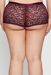Womens Plus Size Patterned Lace Caged Front Detail Boyshort Panty, Purple, Size 1X