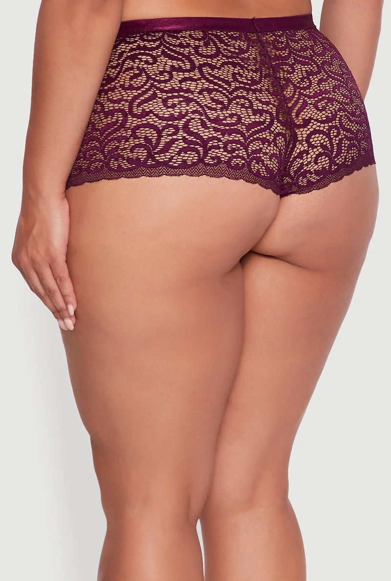 Plus Patterned Lace Caged Front Detail Boyshort Panty