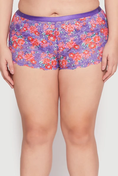 Womens Plus Lace Floral Print Boyshort Panty, Purple,