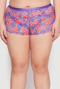 Womens Plus Lace Floral Print Boyshort Panty, Purple,
