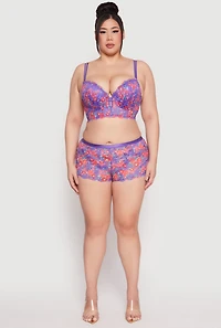 Womens Plus Lace Floral Print Boyshort Panty, Purple,