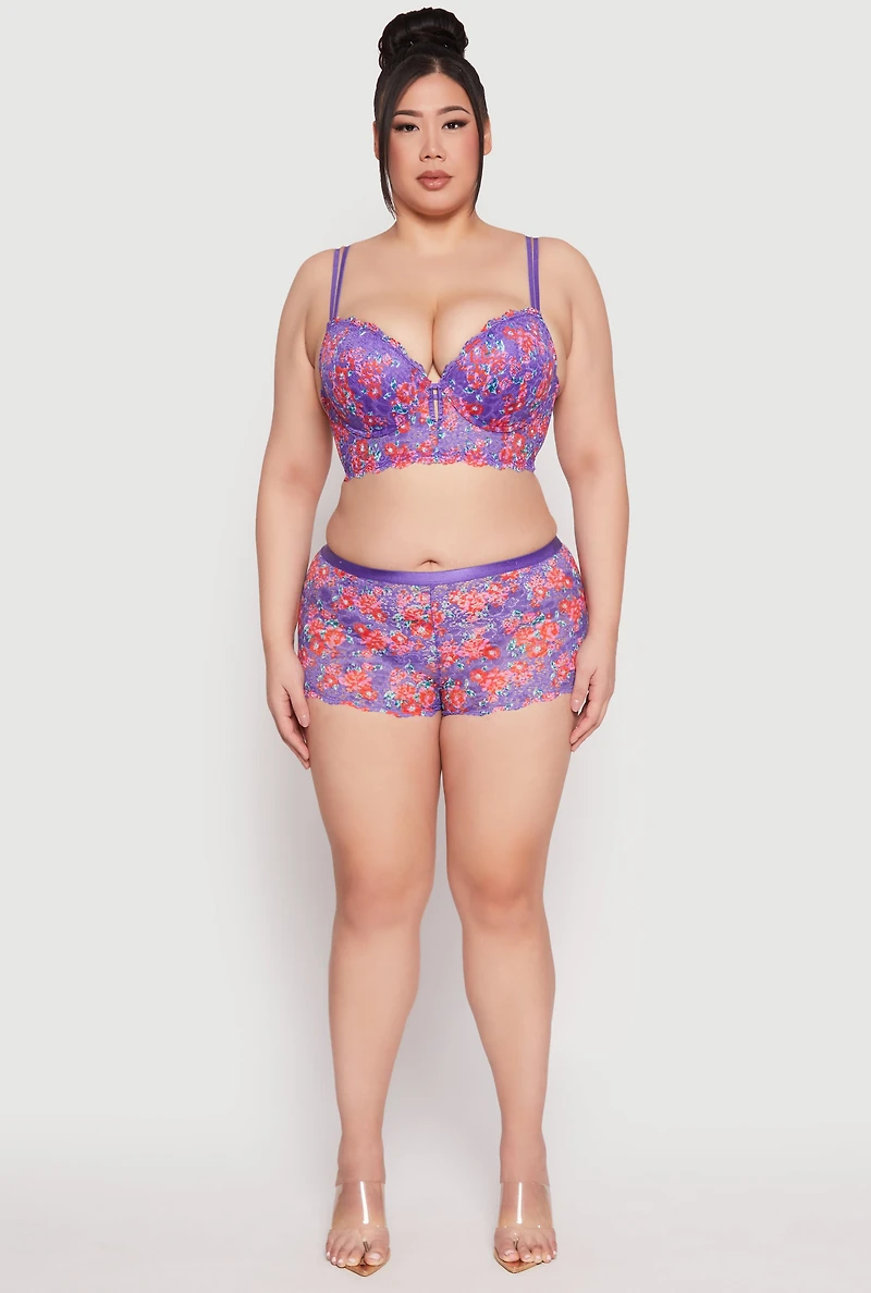 Womens Plus Size Lace Floral Print Boyshort Panty, Purple, Size 3X