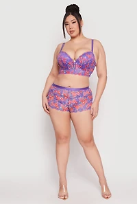 Womens Plus Lace Floral Print Boyshort Panty, Purple,