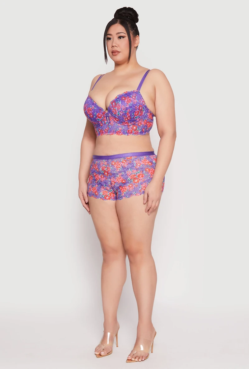 Womens Plus Size Lace Floral Print Boyshort Panty, Purple, Size 3X