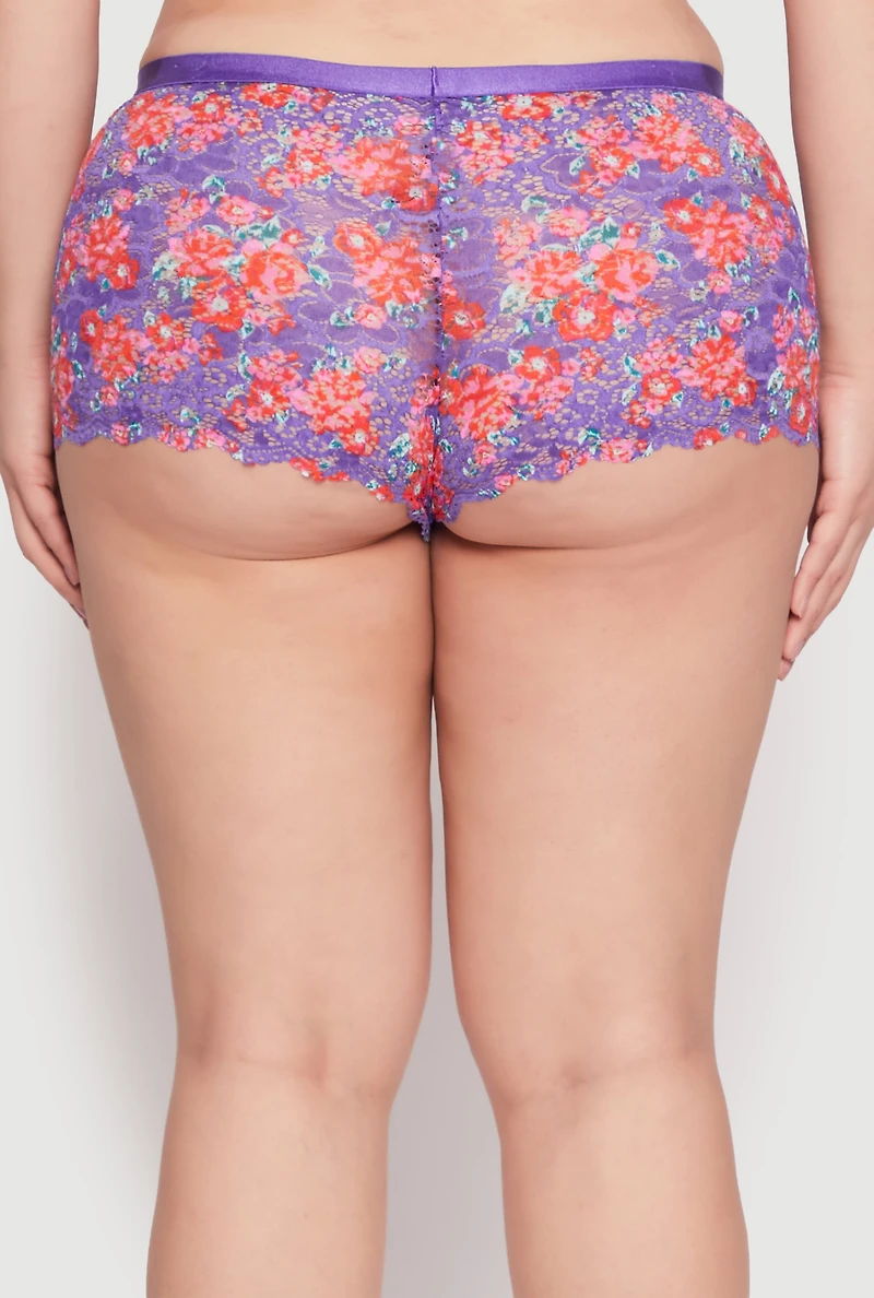 Womens Plus Size Lace Floral Print Boyshort Panty, Purple, Size 3X