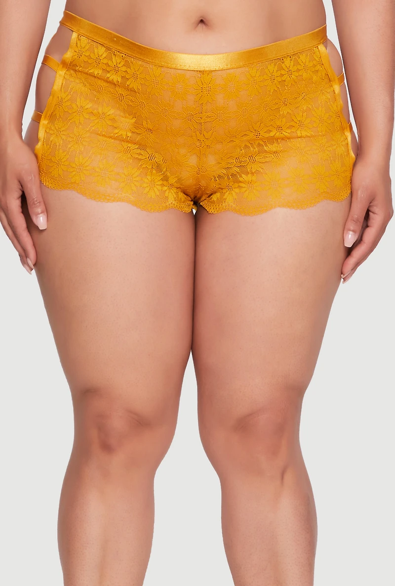 Womens Plus Size Caged Side Sunflower Lace Boyshort Panty, Yellow, Size 3X