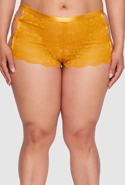Womens Plus Caged Side Sunflower Lace Boyshort Panty, Yellow,