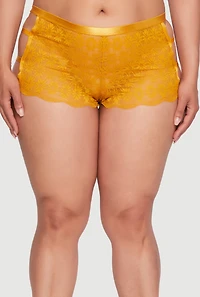 Womens Plus Size Caged Side Sunflower Lace Boyshort Panty, Yellow, Size 2X