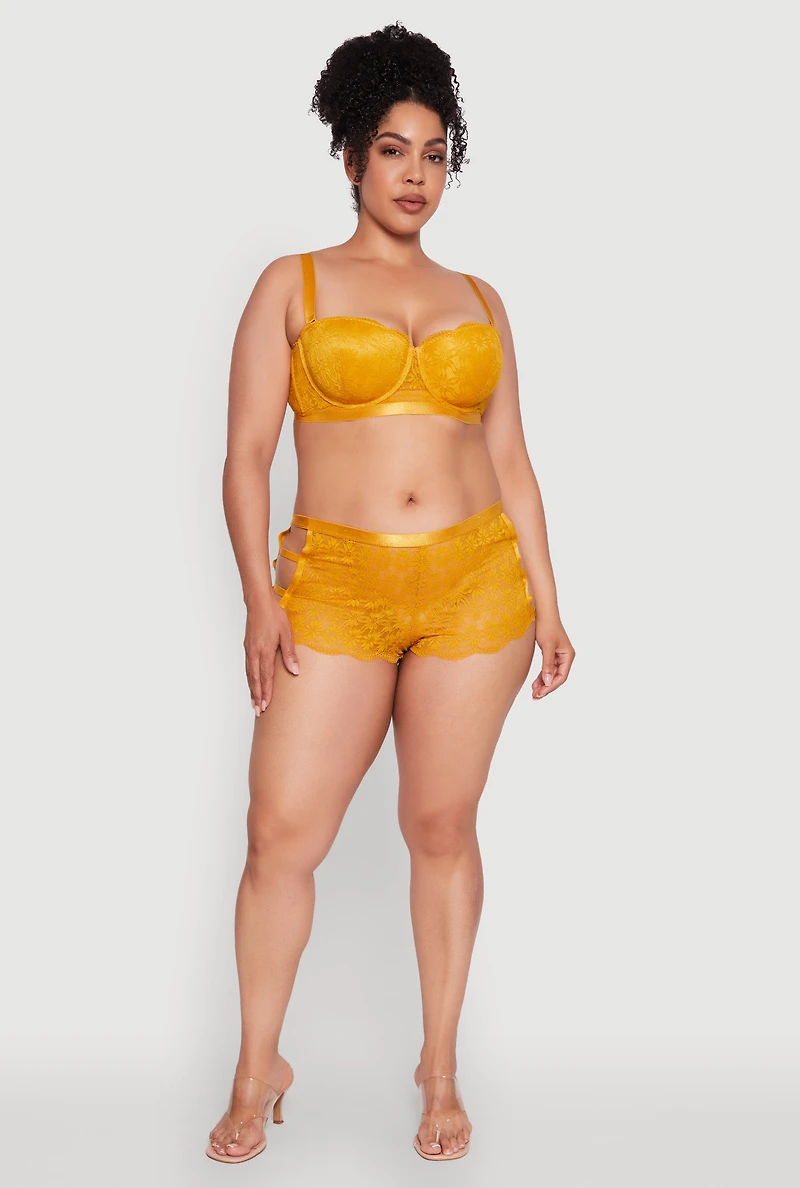 Womens Plus Caged Side Sunflower Lace Boyshort Panty, Yellow,