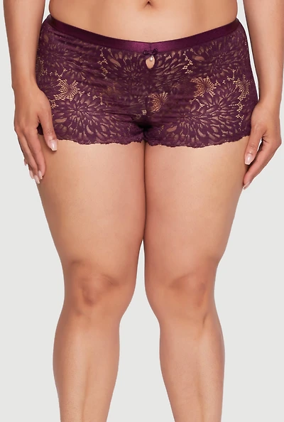 Womens Plus Size Lace Boyshort Panty with Keyhole Detail, Purple, Size 1X