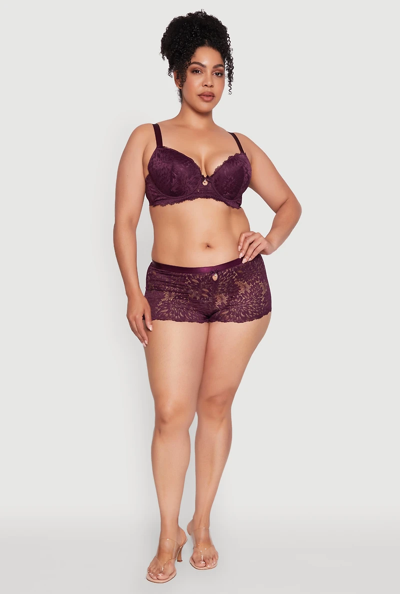 Womens Plus Size Lace Boyshort Panty with Keyhole Detail, Purple, Size 1X