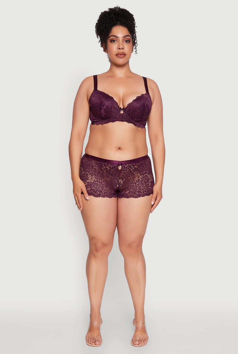 Womens Plus Size Lace Boyshort Panty with Keyhole Detail, Purple, Size 1X