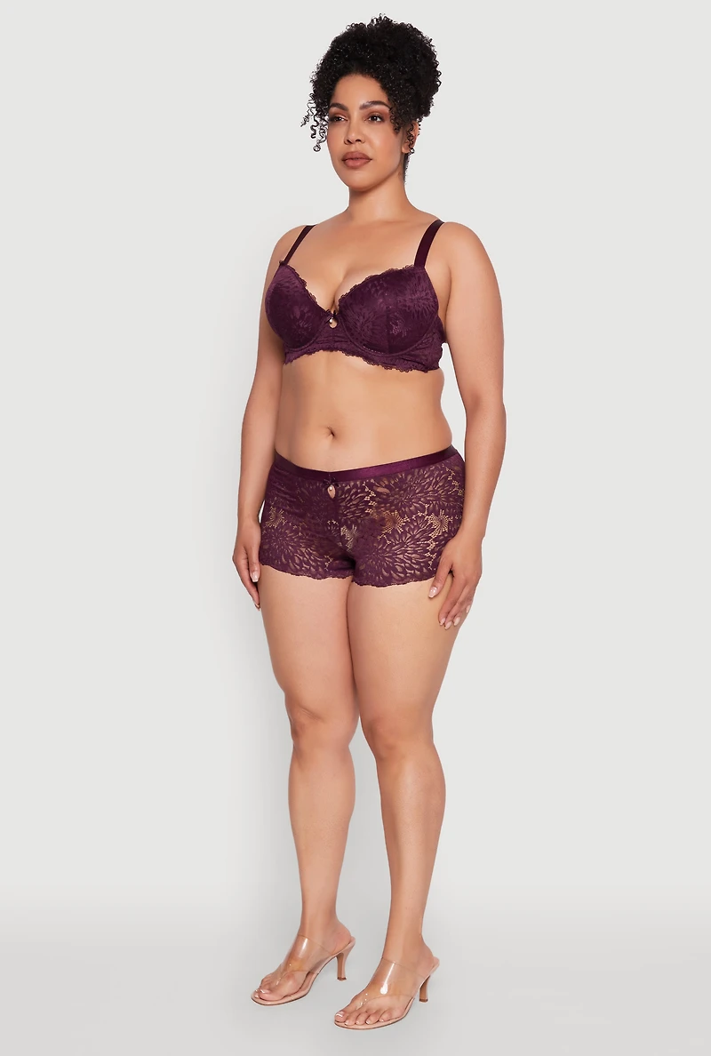 Womens Plus Size Lace Boyshort Panty with Keyhole Detail, Purple, Size 1X