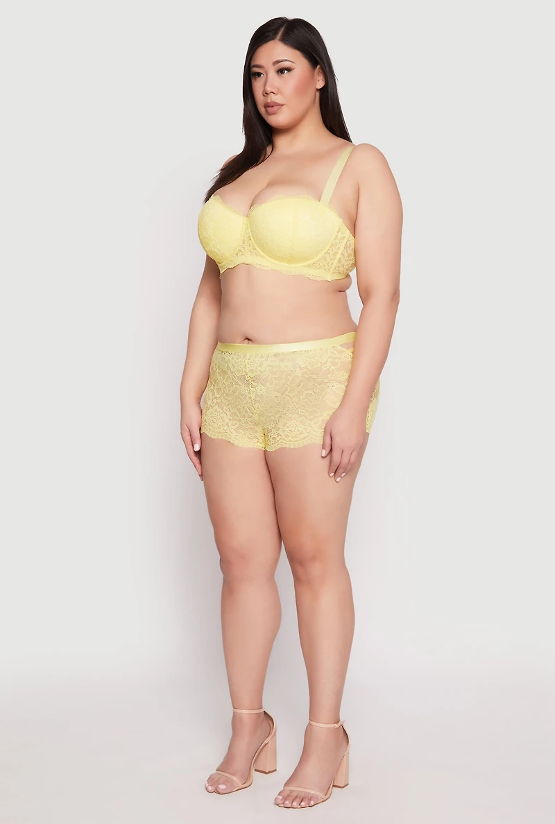 Womens Plus Size Lace Caged Side Boyshort Panty, Yellow, Size 1X